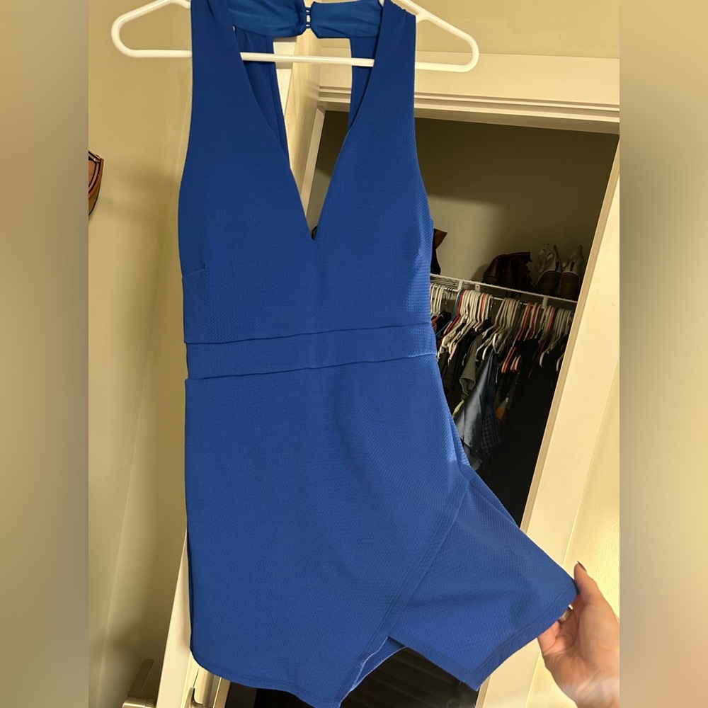 Women’s royal blue romper - high neck low V